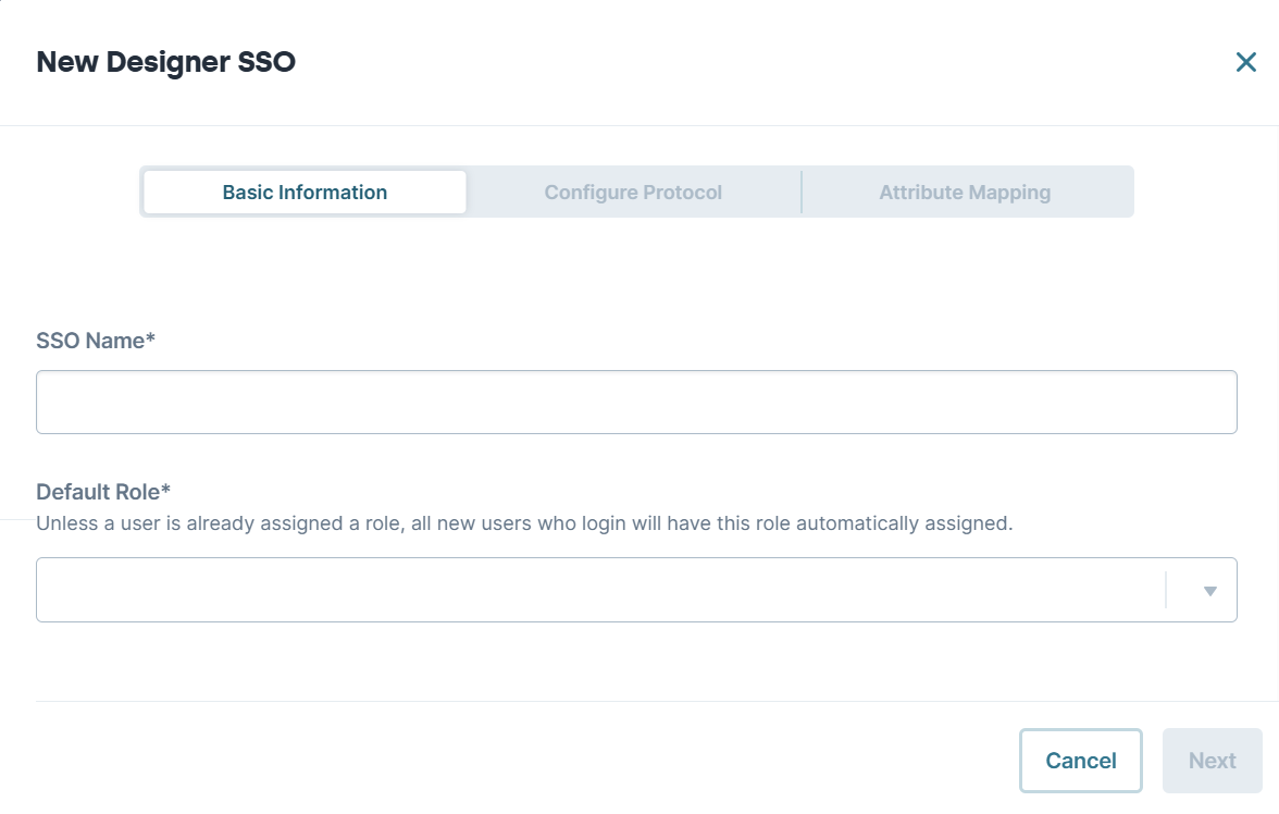 A image showing a new Designer SSO screen fields. 